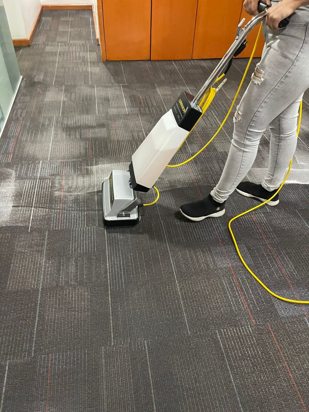 Técnico de HI DETAIL MX lavando la alfombra de una oficina con equipo de extracción